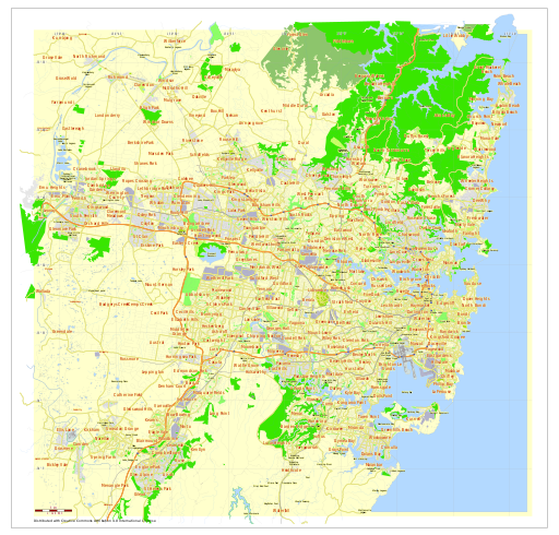 Map of sydbney showing all the major roads and built up areas, shows how crowded and densely populated Sydney is.