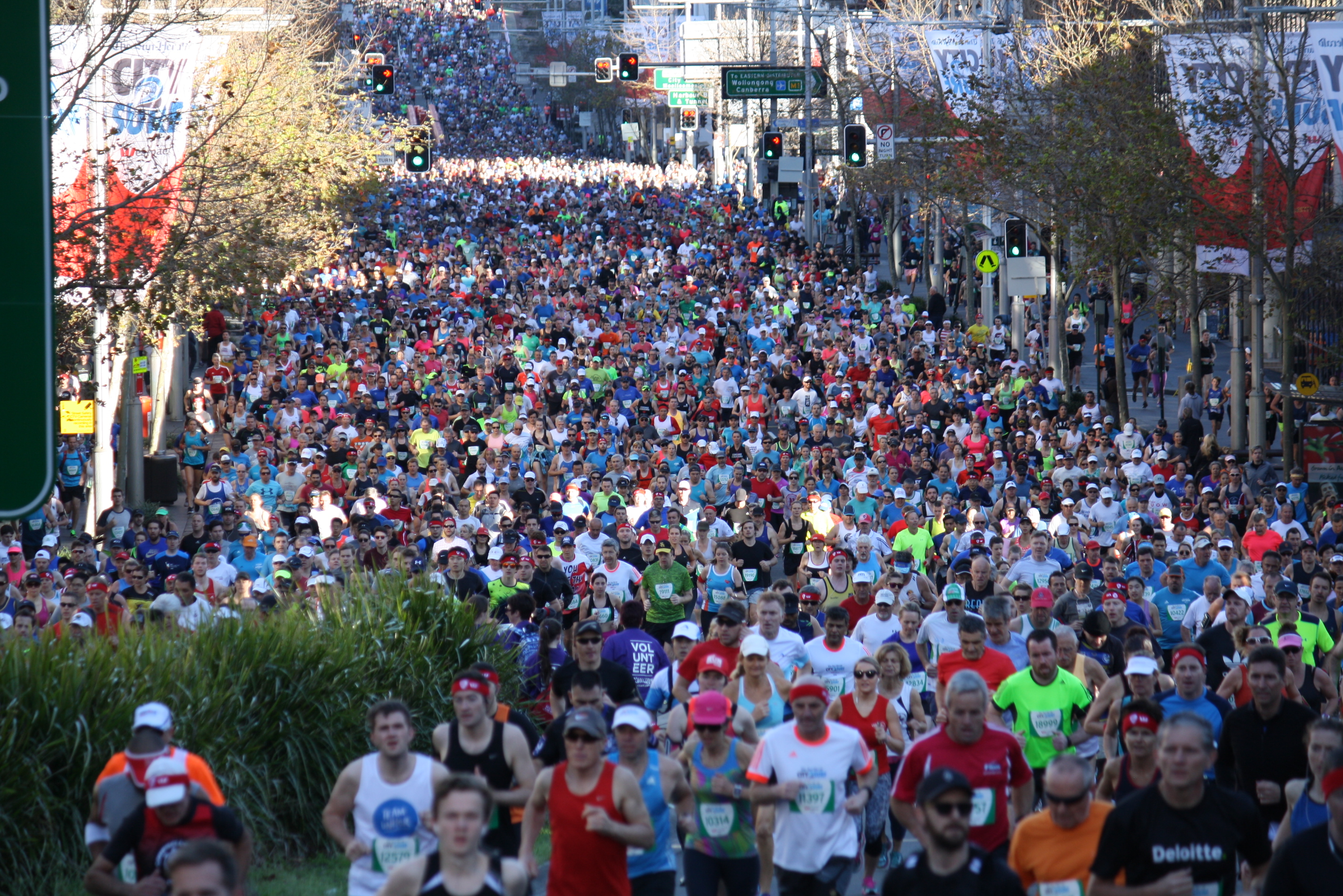 A sydney city street full of people running a marathon, the roadway is totally packed with people,