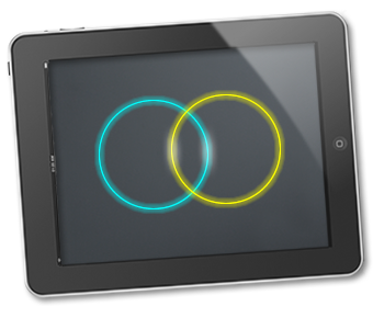 An tablet device displays a blue circle and yellow circle that overlap.