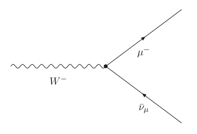 A wavy line labelled W- projects horizontally from the centre left ending in a dot. From this dot a line (arrow in middle of line pointing in the direction of time) projects in the direction as if to 2 o’clock labelled as a muon. A second line (arrow in middle of line pointing in the opposite direction of time) projects from the dot in the direction 4 o’clock labelled as anti-muon neutrino.