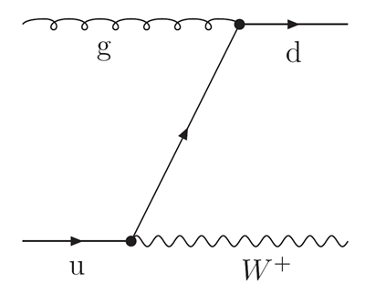 A line drawn like a spring labelled g for gluon runs horizontally from top left for 2/3 of the image ending in a dot. A horizontal line (arrow in middle of line pointing in the direction of time ie, to the right) labelled u for up quark runs about 1/3 of the image ending in a dot. From this dot a line (arrow in middle of line pointing in the direction of time) runs to the dot at the top from which a horisontal line (arrow in middle of line pointing in the direction of time) labelled d for down quark. From the dot at the bottom a wavy line, labelled W+, runs horizontally toward the right.
