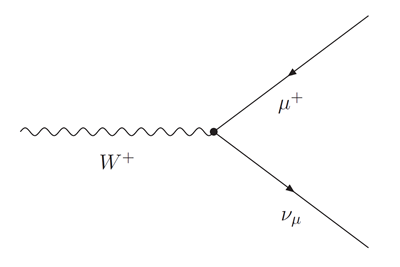 A wavy line labelled W+ projects horizontally from the centre left ending in a dot. From this dot a line (arrow in middle of line pointing in the opposite direction of time) projects in the direction as if to 2 o’clock labelled as an anti-muon. A second line (arrow in middle of line pointing in the direction of time) projects from the dot in the direction 4 o’clock labelled as a muon neutrino.