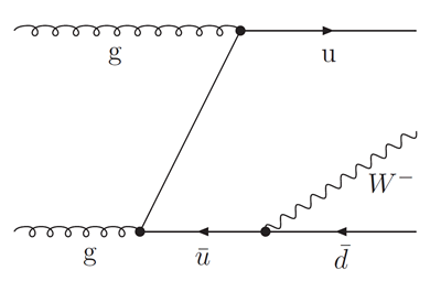 A line drawn like a spring labelled g for gluon runs horizontally from top left for 2/3 of the image ending in a dot. A second line drawn like a spring labelled g runs horizontally from the bottom left for about 1/3 of the image ending in a dot. From this dot a line runs to the dot at the top from which a horizontal line (arrow in middle of line pointing in the direction of time) labelled u projects to the right. From the dot at the bottom a line (arrow in middle of line pointing in the opposite direction of time)  labelled  ̅u runs horizontally toward the right ending in a dot. From this dot a horizontal line (arrow pointing opposite direction of time) labelled  ̅d, projects to the right. Also from this same dot, a wavy line labelled W- projects in 4 o’clock direction.