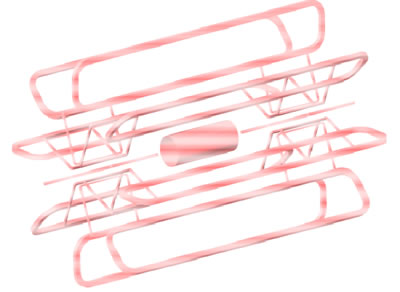 Drawing of the a cylindrical solid core structure surrounded by seven oblong toroidal shaped structures evenly spaced with one long end of the oblong toroid facing the solid cylindrical core.