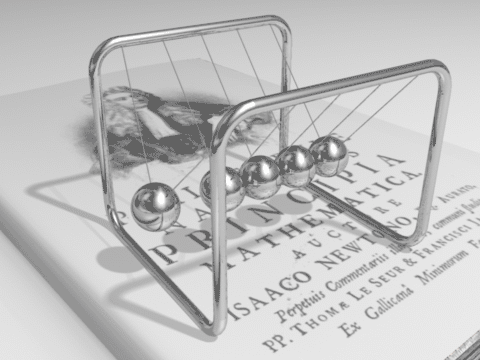 Animation of Newton's cradle, resting on a copy of Newton's famous book Principia Mathematica. Newtons cradle is animated to show one sphere swinging from the left ; when it hits four other spheres  hanging stationary from a beam, it becomes still and the sphere on the right swings out and back before hitting the stationary spheres from the right; when it hits the other spheres  it becomes still and the left hand sphere swings out. The action repeats until the energy is lost to friction forces