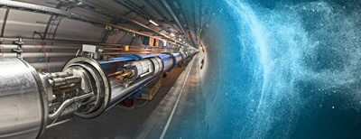 Decorative image Large Hadron Collider piercing a blue horizon.
