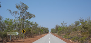 Flat road with scrub on either side and a white centre dividing line disappears into the distance