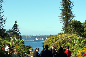 A group of students stand in a garden overlooking Sydney Harbour