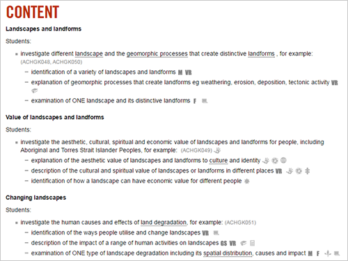 Screen shot of online Geography K10 Syllabus, Stage 4: Landscapes and landforms, Content section