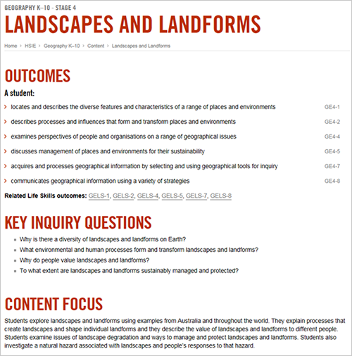 Screen shot of online Geography K10 Syllabus, Stage 4: Landscapes and landforms (part).