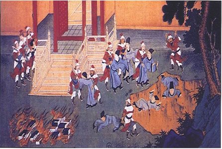 Painting showing scholars being thrown into a pit and books being burned
