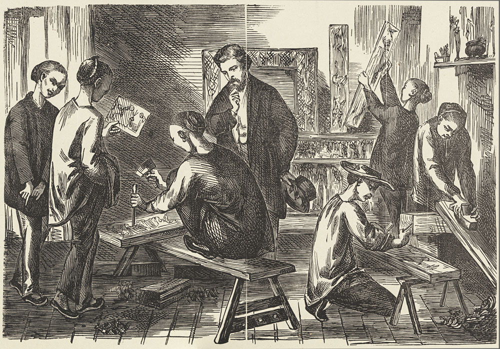 Black-and-white sketch showing six Chinese workers and a customer in a carpentary workshop. One worker on the left looks at a picture, another is using a hammer, another is writing, another is sanding a wooden plank and another holds up a finished frame-side to a mirror. The customer looks on at the workout with the hammer.