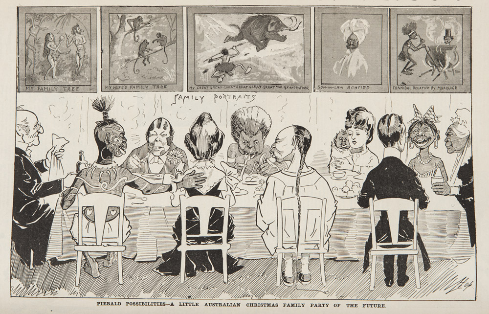 Cartoon called, Piebald Possibilities — a little Australian Christmas family party of the future. Main image shows a long dinner table with a white man (the father) at one end and a coloured woman (the mother) at the other. Seated are eight children and one grandchild, depicting multi racial stereotypes. First small picture at the top shows 'my family tree' i.e. the father showing Adam and Eve. Second picture says, 'my wife's family tree' and shows three monkeys. Third picture says my great great great great great great grandfather and shows a human hunting an elephant. Fourth picture shows son-in-law Achmed. Fifth picture says cannibal relative by marriage.