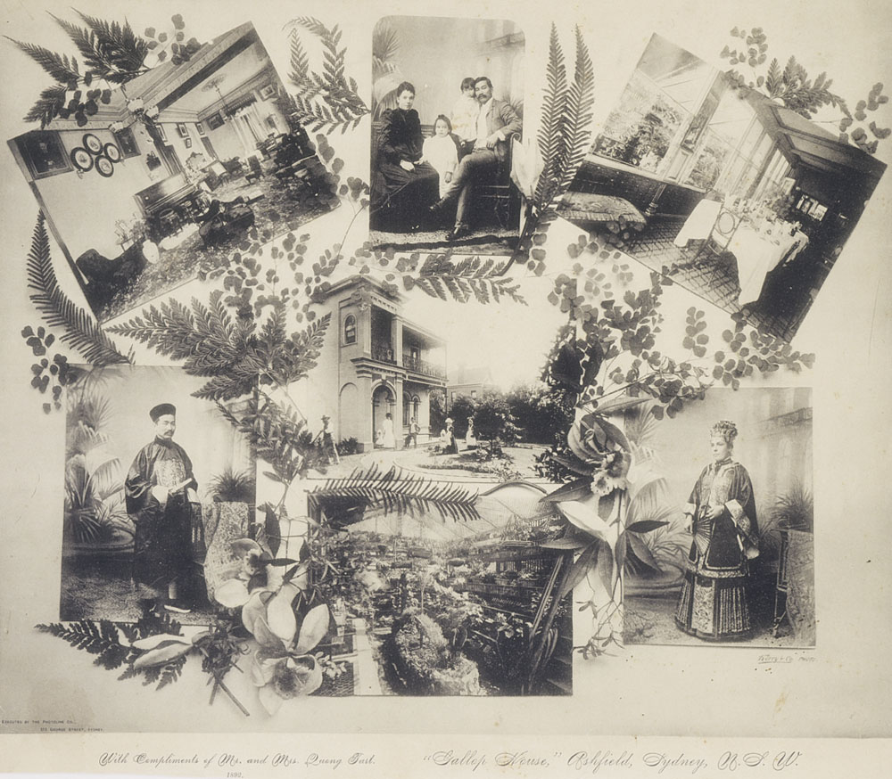 A card from Mr and Mrs Quong Tart featuring several scenes from inside and outside their home. Caption at the bottom says, 'With compliments of Mr and Mrs Quong Tart, Gallop House, Ashfield Sydney.