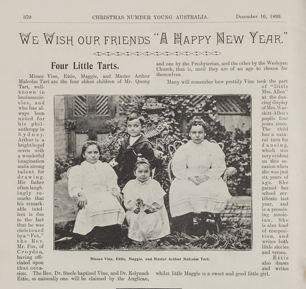 Article in The Young Australian magazine titled, 'We wish our friends a Happy New Year'. Sub-heading says, 'Four little Tarts' and there is a photo of Quong Tart's four children.