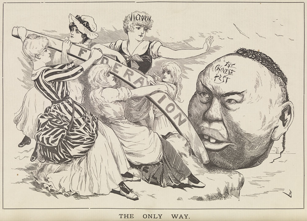 Cartoon showing five women on the edge of a cliff representing the states of South Australia, Victoria, Tasmania, New South Wales and Queensland holding up a Federation sign while holding off a Chinese man represented by an oversized Chinese man's head with the words, 'the Chinese pest' tattooed to his forehead.