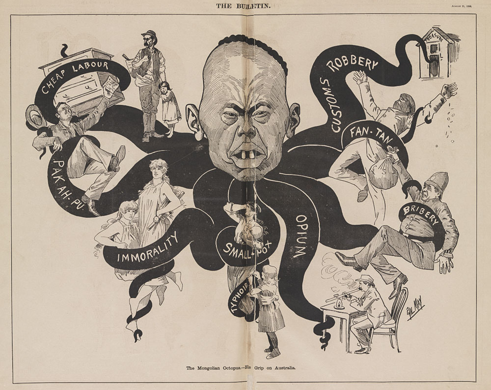 Cartoon showing a mean-looking Chinese octopus. His eight tentacles are tightly gripped around various Europeans and are labelled cheap labour, pak ah-pu (a gambling game), immorality. smallpox and typhoid, oium, bribery, fan-tan (another gambling game) and customs robbery.
