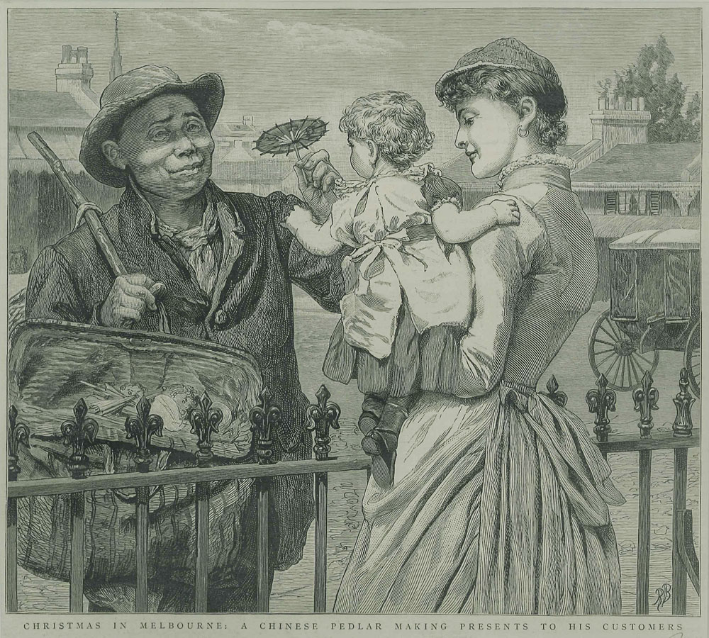 Black and white sketch showing a smiling Chinese hawker dealing with a mother and her baby daughter. The hawker wears a coat and carries a bag over his shoulder and is giving a small umbrella to the child. In the background are houses and a coach.