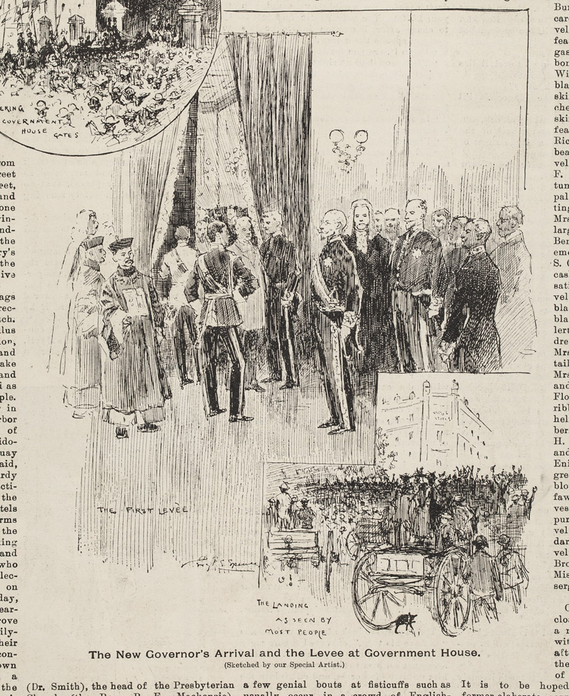 Drawing entitle, 'The new Governor's arrival and the Levee at Government House'. In attendance are Quong Tart and other Chinese mandarins, the Governor and other officials.