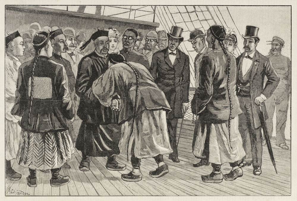 Sketch of the Chinese Commissioners being met by several people both Europeans and Chinese on board their ship. One Chinese man bows in front of one of the commissioners.