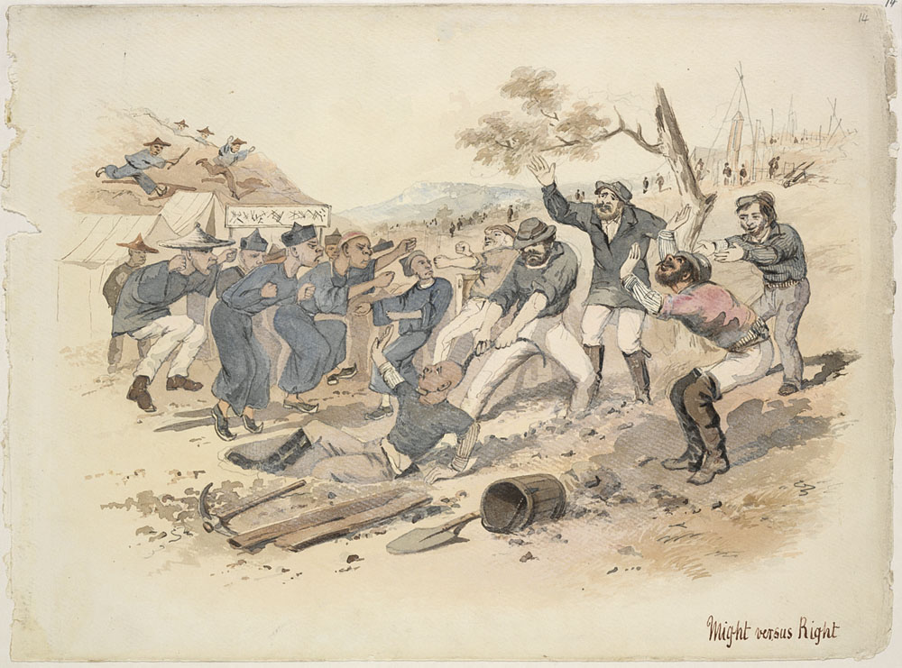 Artwork showing a scene from the Lambing Flat Riots. In the foreground several Chinese miners are fighting with five Europeans. One European is pulling a Chinese man along the ground by his ponytail. There is more fighting in the background.