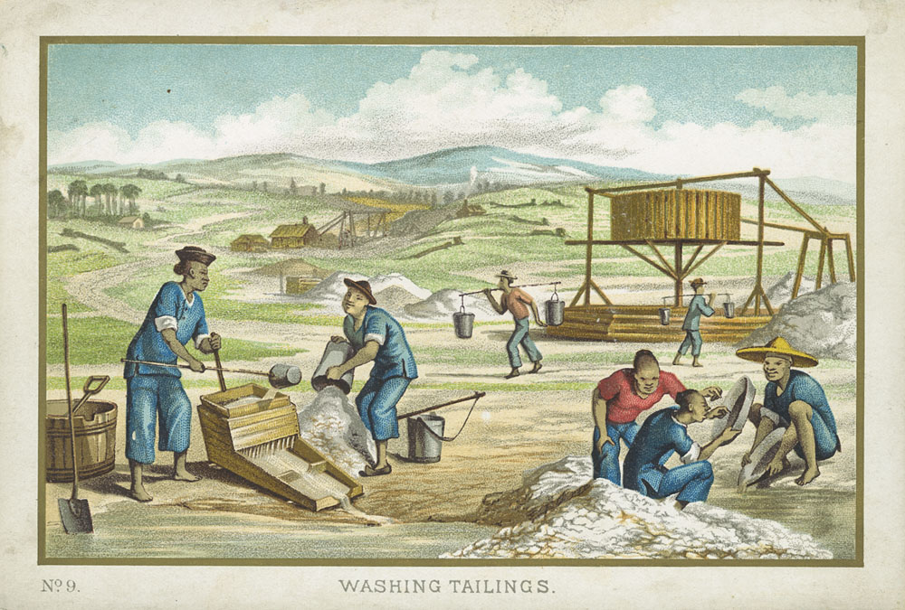 Artwork showing seven Chinese men working on the gold fields. In the left foreground two men work with a cradle, in the right foreground three men are panning and in the background two men are carrying pails of water.