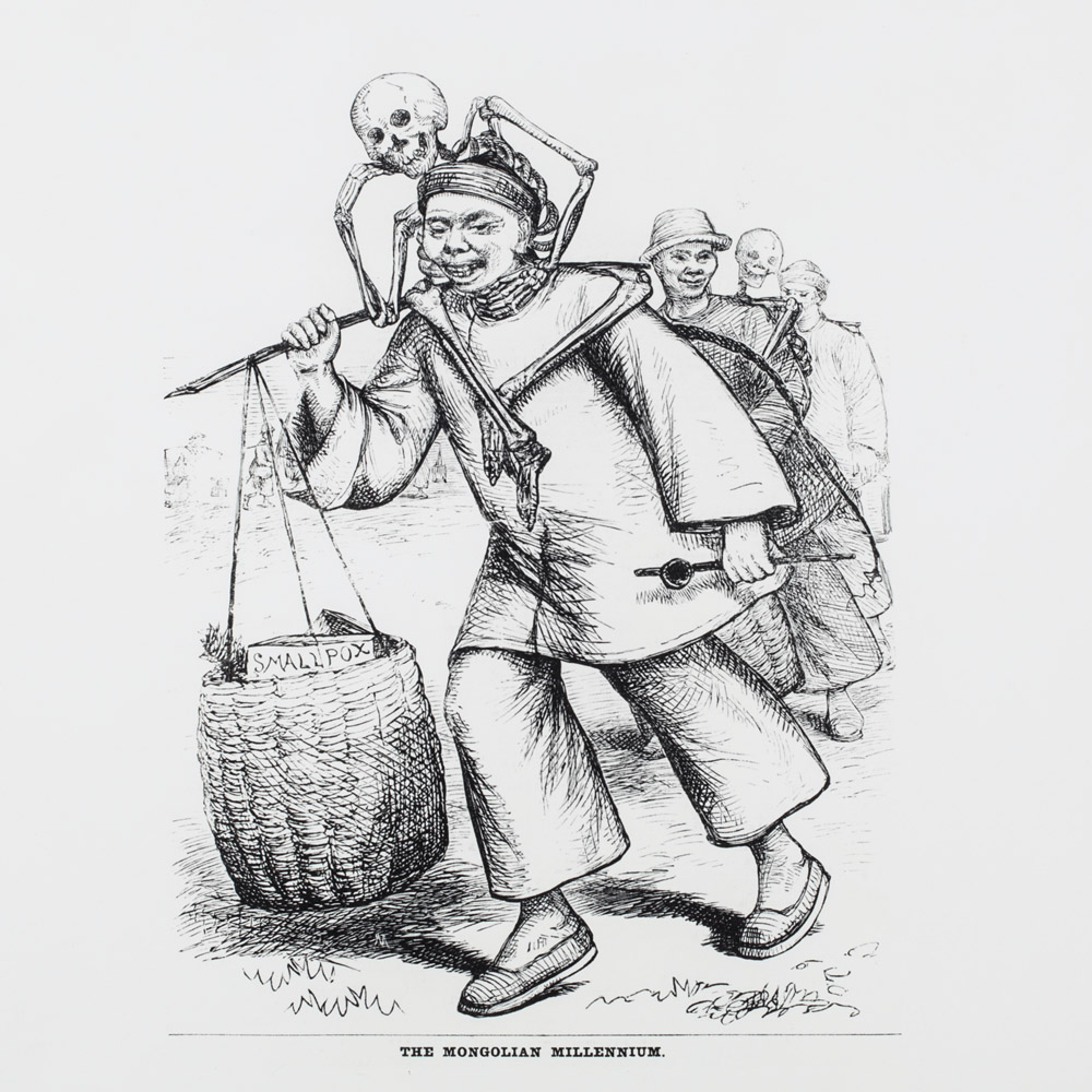 Cartoon showing a Chinese man walking with a basket that has a smallpox label inside it. The man has a skeleton with its hands around his neck. Behind him are two more Chinese men and a walking skeleton.