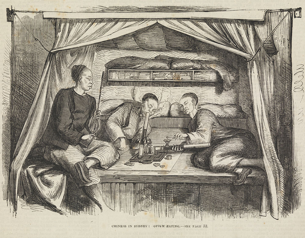 Black-and-white sketch of a Chinese opium den titled, 'Chinese in Sydney: opium eating. Three Chinese people can be seen; one sits on the left, in the middle a man smokes an opium pipe, and on the right another man is half lying.