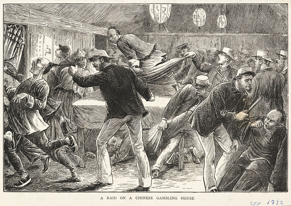 Black and white sketch titled, 'a raid on a Chinese gambling house'. It is a chaotic scene with a few policemen trying to apprehend several Chinese gamblers. In the foreground one policeman pulls on the pony tail of a Chinese man while another policeman draws at his baton on a second Chinese gambler.