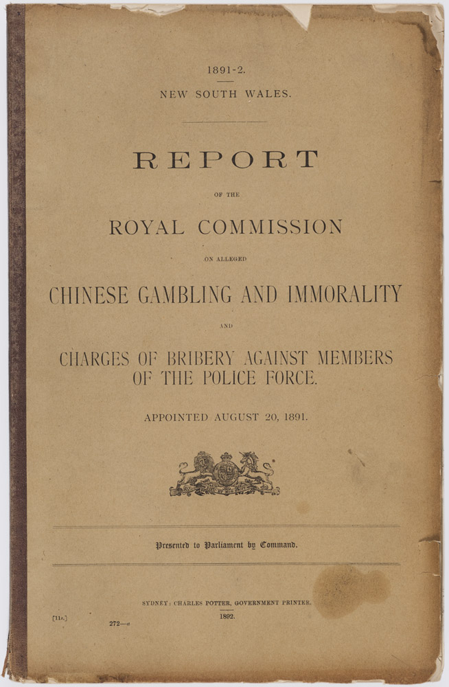 Front page of the report of the Royal Commission into Chinese gambling and immorality, 1891-92