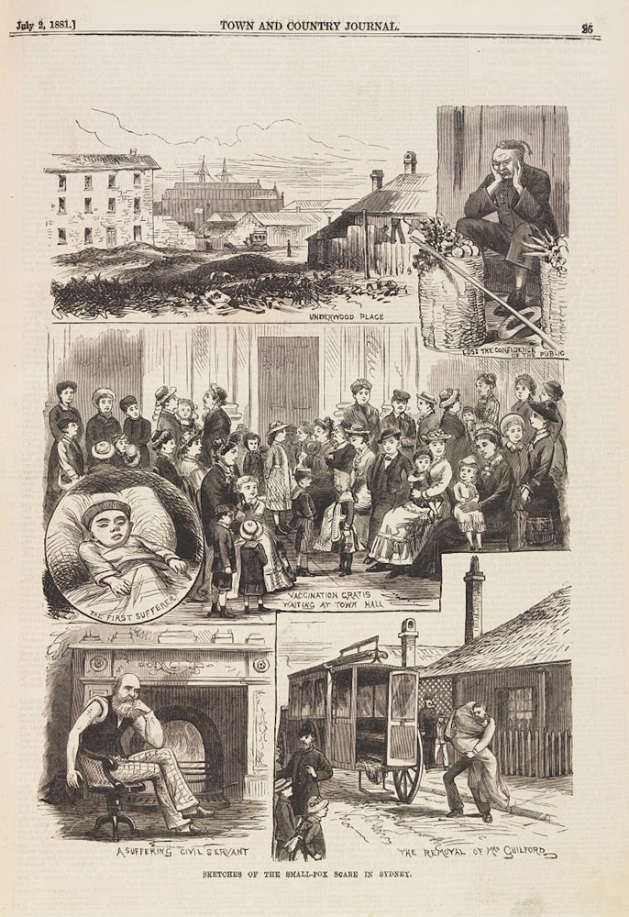 Combination of sketches of the smallpox scare in Sydney in the Town and Country Journal. Dated July 2, 1881. First sketch shows Underwood Place. Second sketch shows a Chinese man sitting down, with the caption underneath saying, 'lost the confidence of the public'. Third sketch shows the first sufferer, a young Chinese boy. Fourth sketch shows a large crowd waiting at the Town Hall for free vaccination. The sketch shows a suffering civil servant. Six sketch shows the removal of Mr Guildford, a victim of smallpox who is wrapped in a body bag and being loaded into a coach.