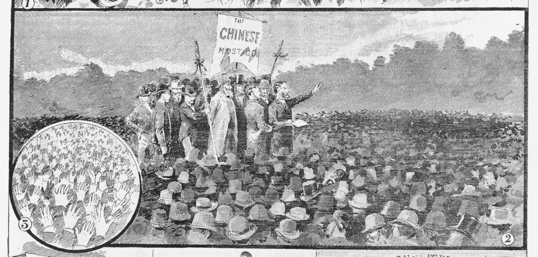 Illustration showing a large crowd with about twenty men standing on a stage in a central position and holding a banner that says, 'The Chinese must go'.