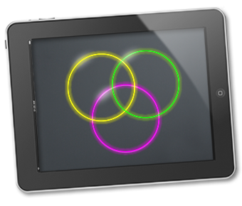 A tablet device displays a yellow circle, a green circle and a pink circle that overlap.