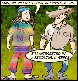 Cartoon of a hippie and a farmer