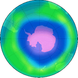 Antarctica with a blue region over it.