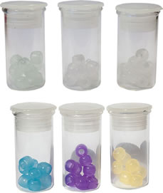 Six glass bottles with beads