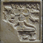 Male figure in a seated posture surrounded by animals.