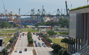 Photos of port facilities in Singapore.
