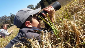 Photo of boy lying in grass looking through binoculars