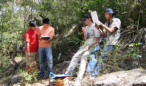 Four high school students taking notes in the Australian bush