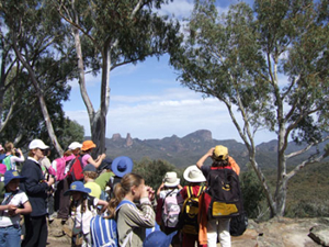 students in Australian bush looking at rocky hills