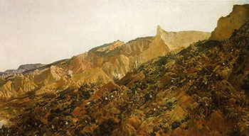 The painting depicts the Australian soldiers climbing the slopes at Gallipoli. The yellow pinnacle is "The Sphinx". The white bag that each soldier is carrying contains two days of rations which were issued specially for the landing.