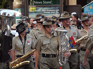 Marching band participating in Anzac Day march in Sydney, 2013.