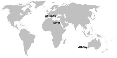 World map showing the location of Albany in Australia and Gallipoli in Turkey