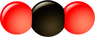 An artist's representation of the carbon dioxide molecule with a black central (carbon) sphere adjoined each side by a red (oxygen) sphere