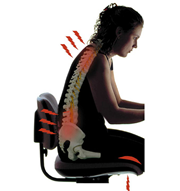 Woman seated at desk showing areas under strain at neck, back and knees