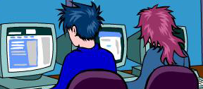 back view of a boy and girl sitting together in front of computers