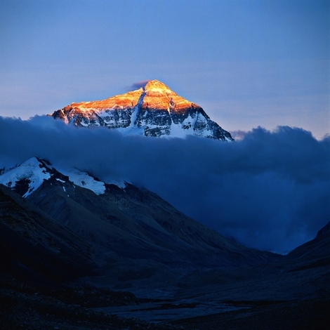 Mount Everest summit lit by morning sun