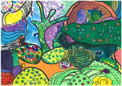 Painting of primary and secondary coloured seaweed and coral