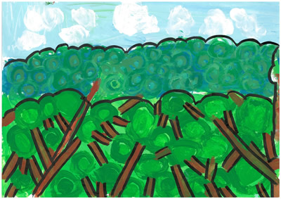 A painting of trees with rectagular trunks and circles of folliage.  The trunks lean diagonally.